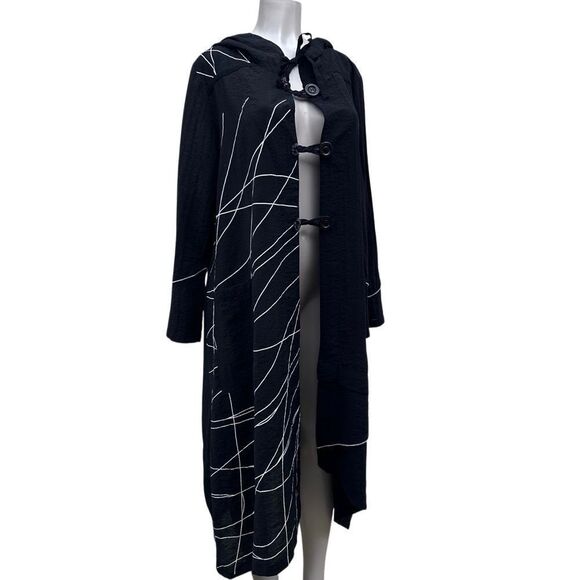 Tusso Hooded Duster Style Robe Women's Large Black White Open Front Abstract - Picture 2 of 11